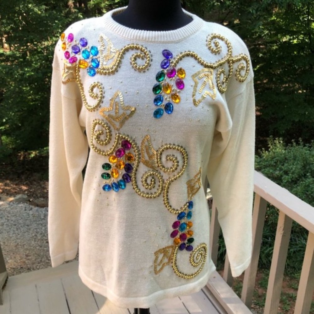 Vintage Victoria Harbour Women's Embellished Sweater, Colorful Rhinestones